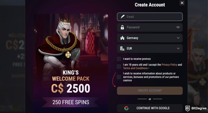 King Billy casino review: a red arrow pointing to the [create account] button.