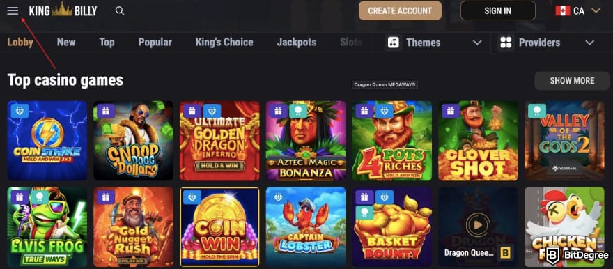 King Billy casino review: a red arrow pointing to the menu icon. King Billy casino review: a red arrow pointing to the menu icon.