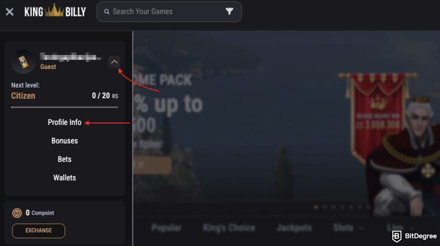 King Billy casino review: a red arrow pointing to the account drop-down menu icon and [Profile Info] button.
