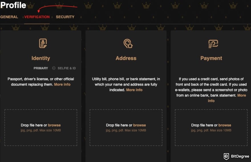 King Billy casino review: a red arrow pointing to the [verification] button.