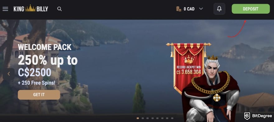 King Billy casino review: a red arrow pointing to the [deposit] button.