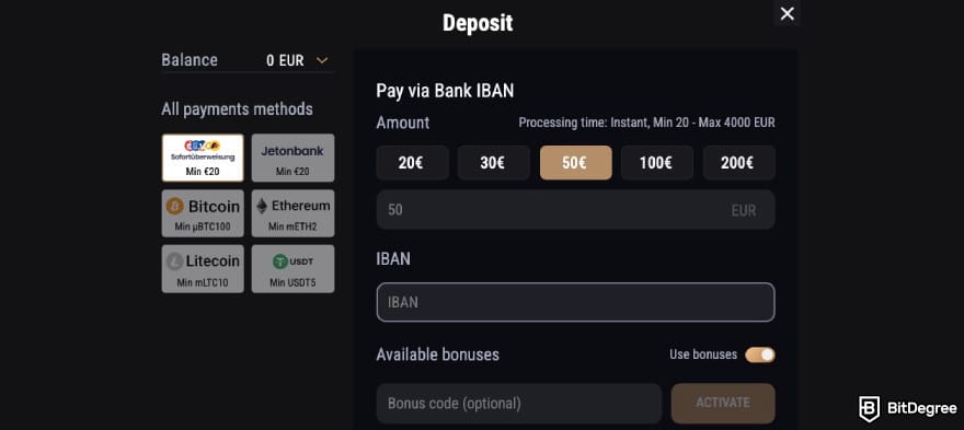 King Billy casino review: King Billy's depositing interface. King Billy casino review: King Billy's depositing interface.