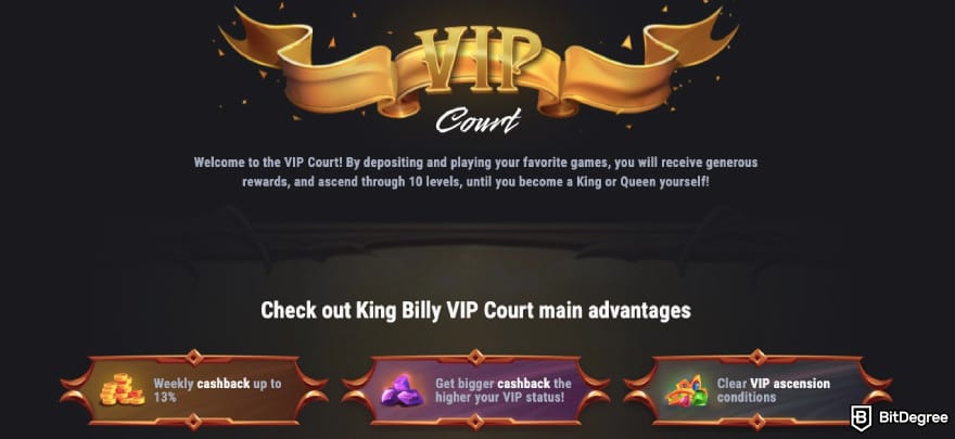 King Billy casino review: VIP court page. King Billy casino review: VIP court page.