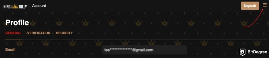 King Billy casino review: a red arrow pointing to the profile menu icon. King Billy casino review: a red arrow pointing to the profile menu icon.