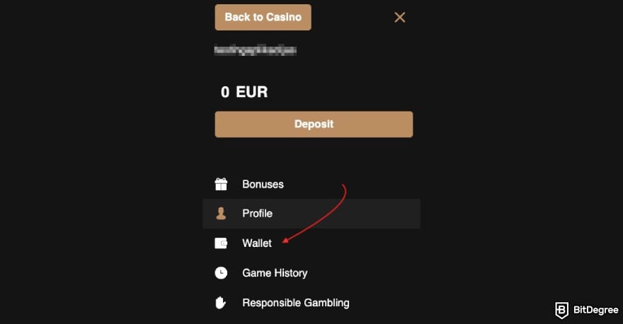 King Billy casino review: a red arrow pointing to the [Wallet] button.