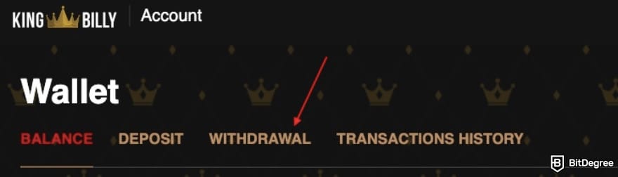 King Billy casino review: a red arrow pointing to the [withdrawal] button.