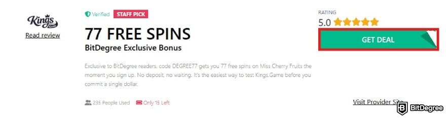 Kings.Game casino bonus code: the free spins coupon for Kings.Game.