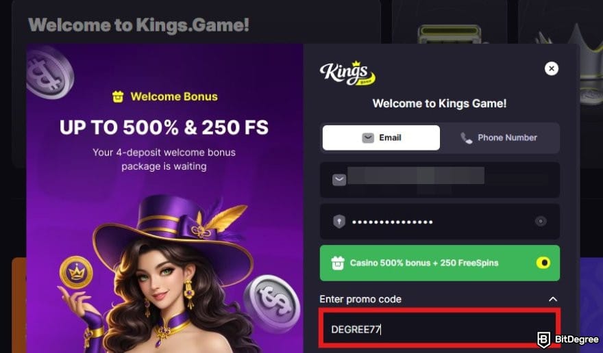 Kings.Game casino bonus code: the sign up page on Kings.Game.