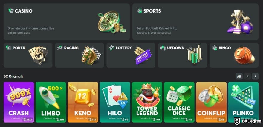 Kings.Game casino review: BC.Game homepage.