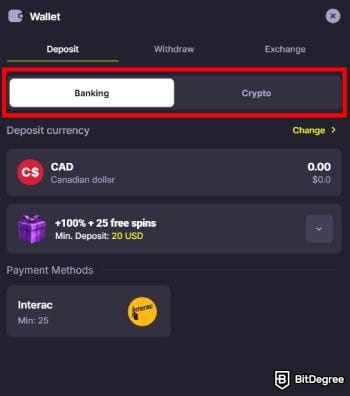 Kings.Game casino review: the wallet window on Kings.Game.