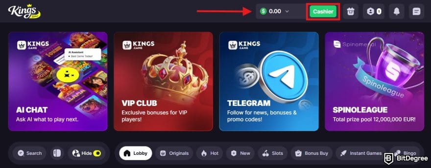 Kings.Game casino review: the cashier button on Kings.Game.