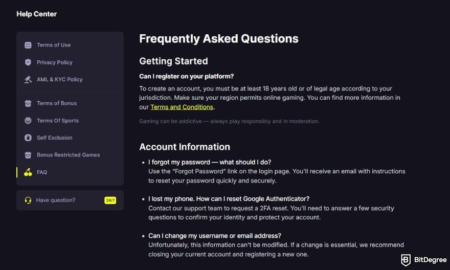 Kings.Game casino review: FAQ page on Kings.Game.