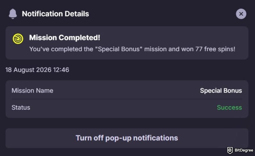 Kings.Game casino review: the mission complete pop-up message on Kings.Game.