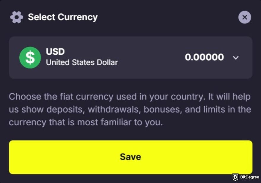 Kings.Game casino review: the currency selector page on Kings.Game.