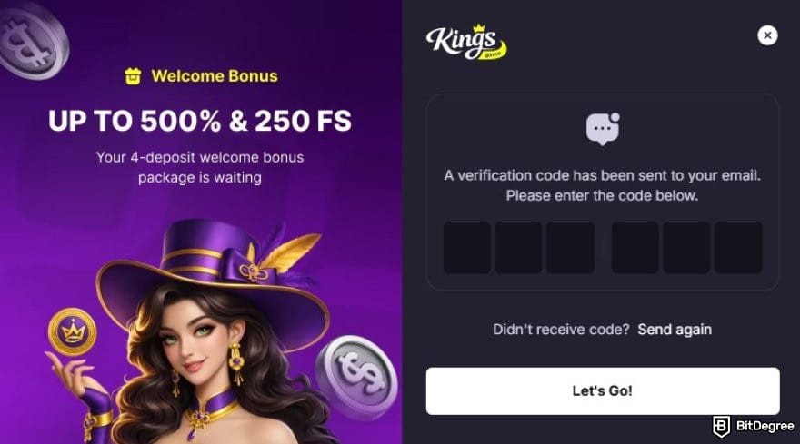 Kings.Game casino review: the email verification page on Kings.Game.