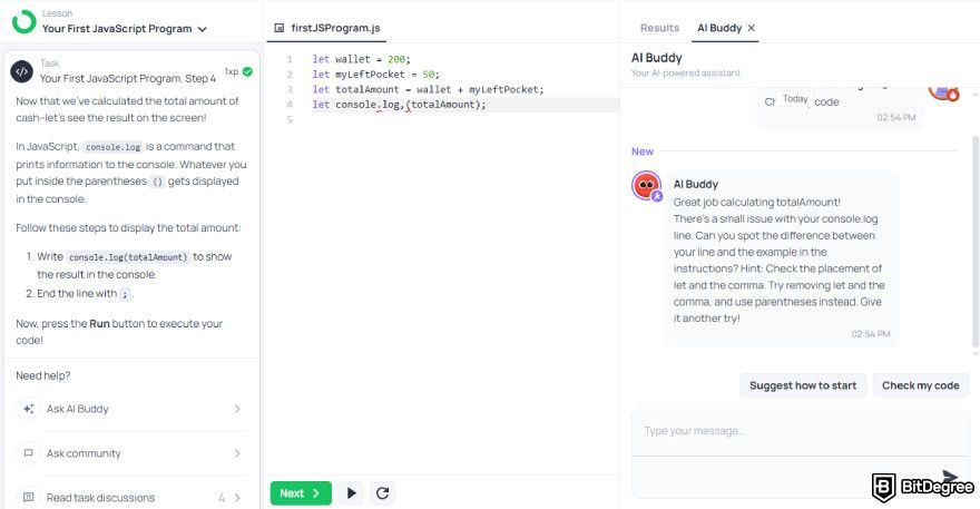 Knowely reviews: AI Buddy in action giving hint.