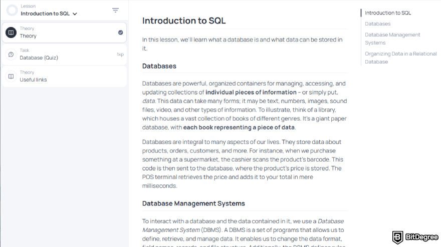 Knowely reviews: theory page from the SQL course.