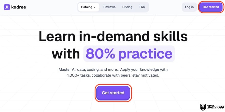 Kodree review: [Get Started] buttons on Kodree's homepage.