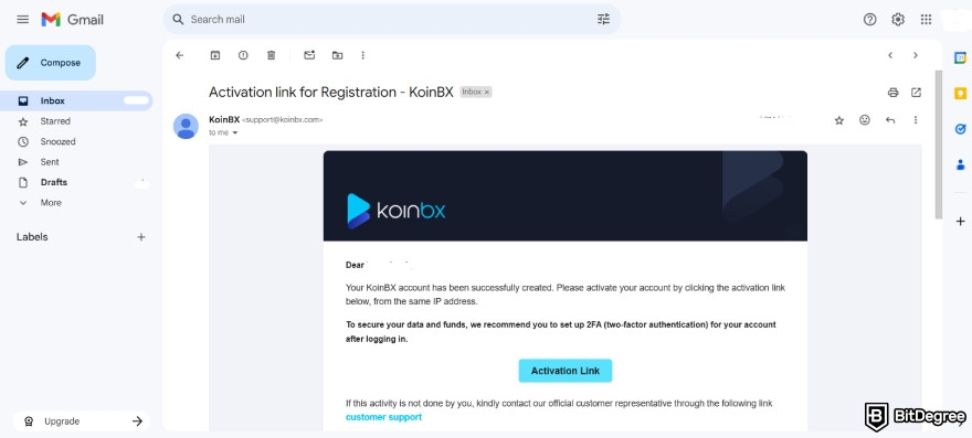 KoinBX review: activation link.