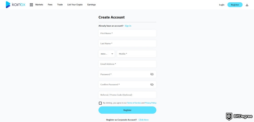 KoinBX review: create an account.