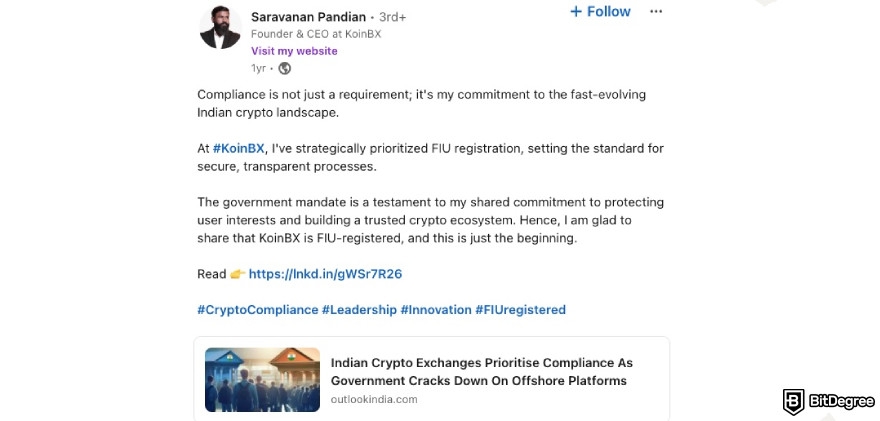 KoinBX review: Linkedin Post from Saravanan Pandian.