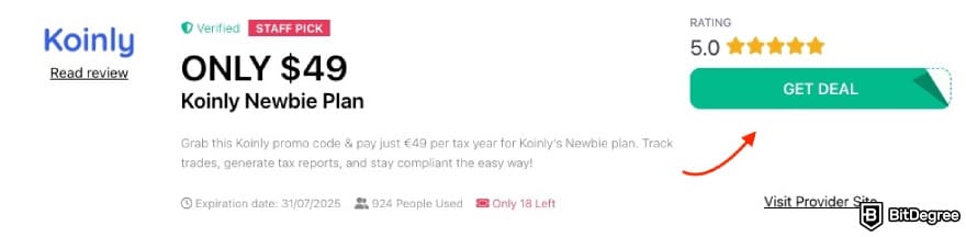 Koinly promo code: a red arrow pointing to the [GET DEAL] button on BitDegree's page.