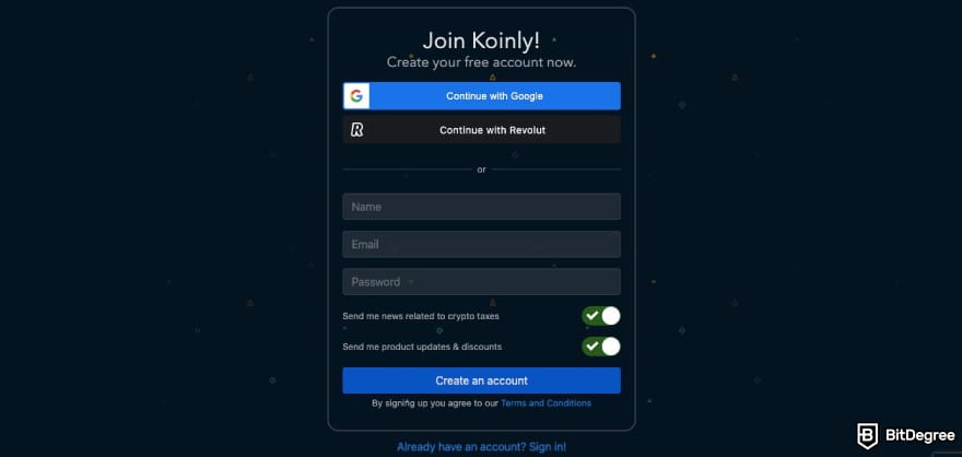 Koinly promo code: Koinly's sign up page. Koinly promo code: Koinly's sign up page.
