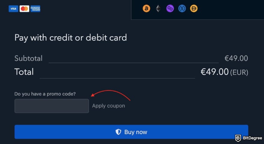 Koinly promo code: a red arrow pointing to the [Do you have a promo code?] field.