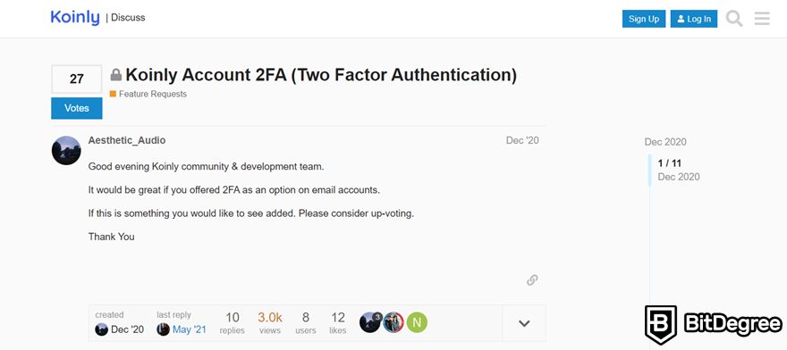 Koinly review: votes related to 2FA on the discussion channel.