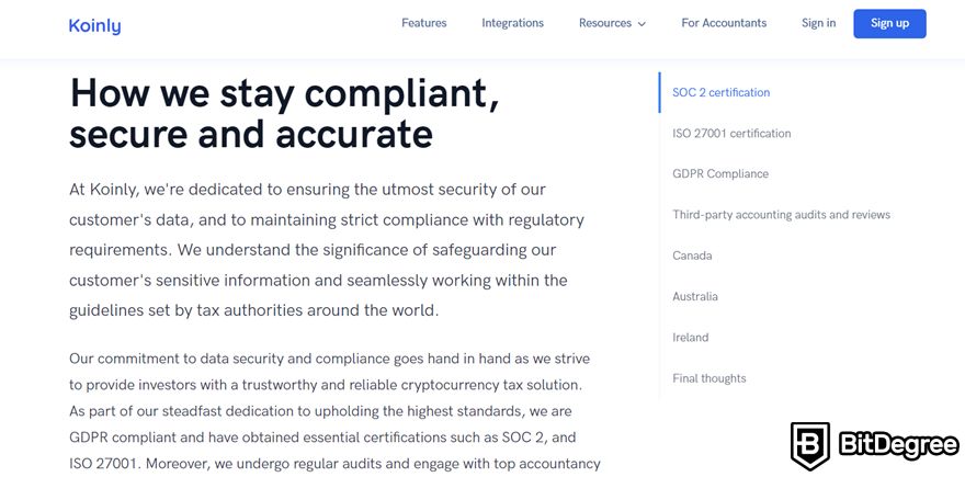 Koinly review: compliance details.