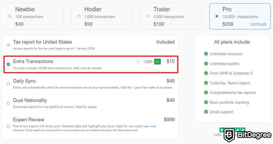 Koinly review: "Extra Transactions" in the order form.