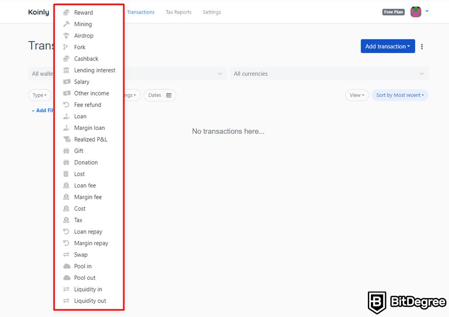 Koinly review: transaction types.