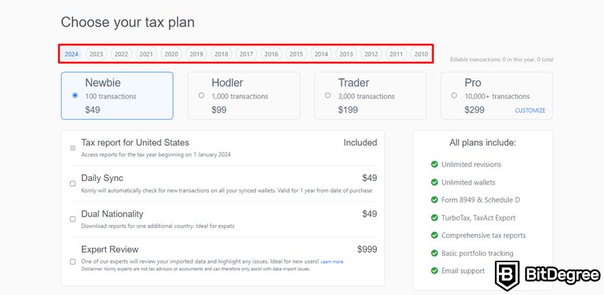 Koinly review: tax plans displayed on the Koinly's order page.