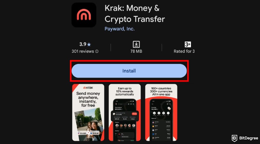 Krak app review: [Install] button to download Krak on Google Play Store.