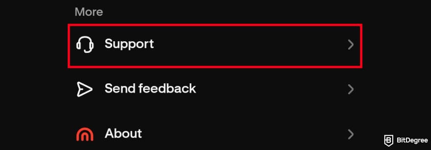 Krak app review: Krak customer support button on the menu.