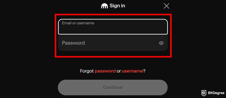 Krak app review: Krak sign in page.