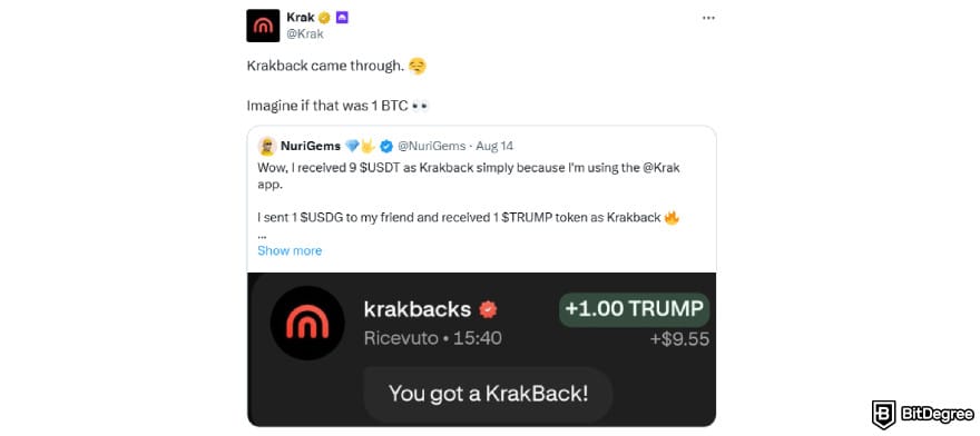 Krak app review: Krak X account post about Krakback rewards.
