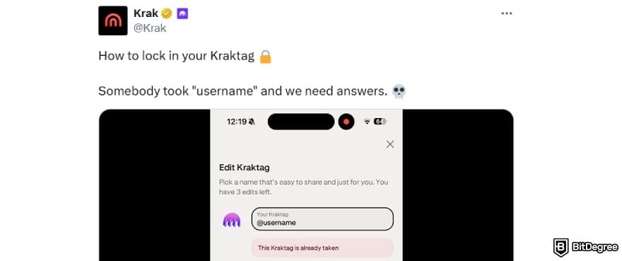 Krak app review: Krak's post on someone selected "username" as their Kraktag.