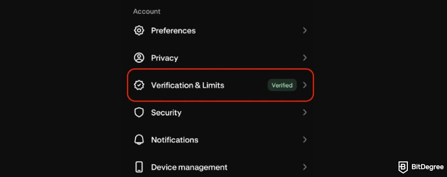Krak app review: Verification & Limits menu on Krak app.