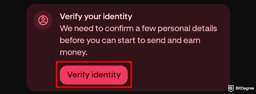 Krak app review: verify identity notification on Krak app homepage.