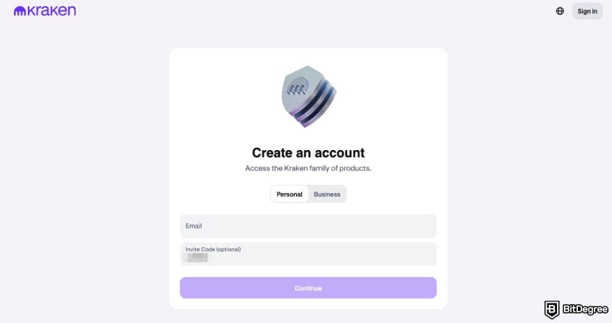 Kraken referral code: Kraken's sign-up page with an invite code field.