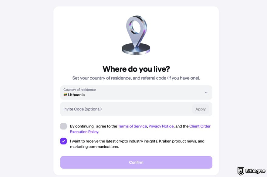 Kraken review: indicating where you live and reading all the disclosures.