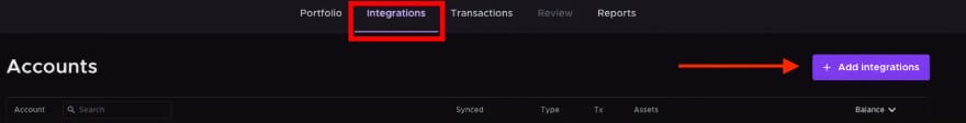 Kraken taxes: [Add Integrations] button on Kraken’s integrations tab.
