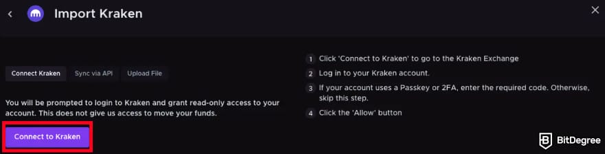 Kraken taxes: [Connect to Kraken] button.