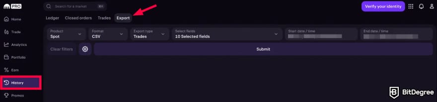 Kraken taxes: export tab on Kraken's history menu.