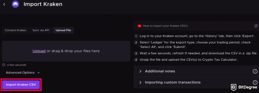 Kraken taxes: [Import Kraken CSV] button.