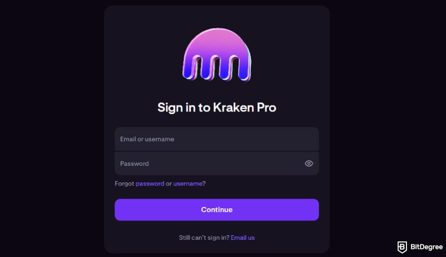 Kraken taxes: Kraken Pro sign in page.