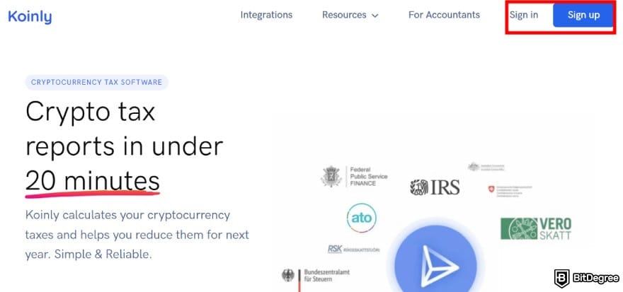 Kraken taxes: [Sign In] and [Sign Up] buttons on Koinly homepage.