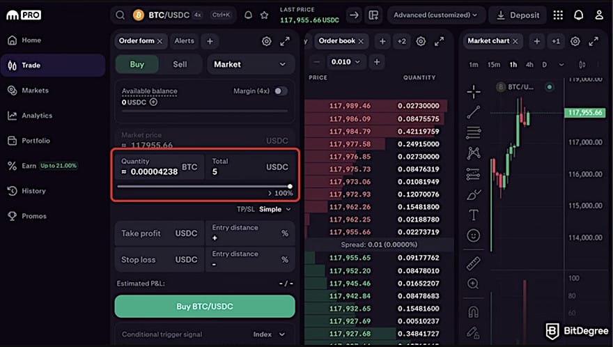 Coinbase vs Kraken: entering purchasing amount on Kraken Pro.