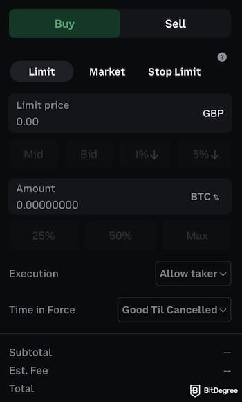 Coinbase vs Kraken: entering the amount of crypto on Coinbase Advanced.